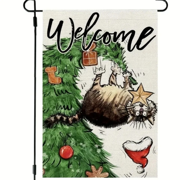 Other - Welcome garden flag, tabby cat, Christmas tree & ornament, winter